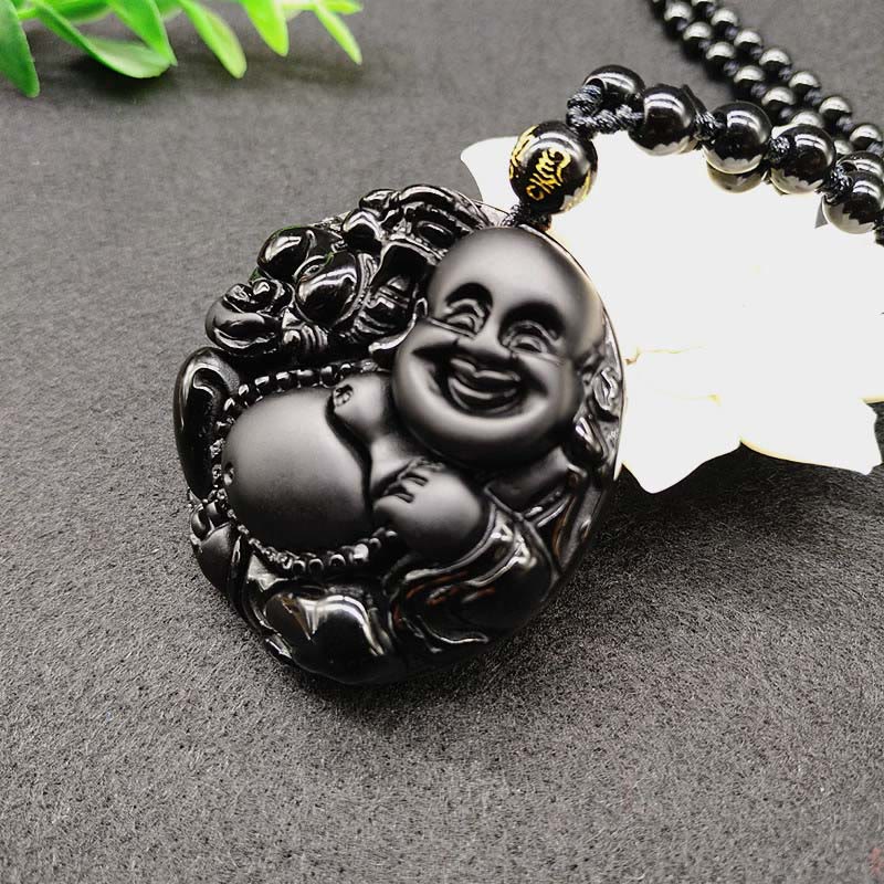 Nimara Ritual Laughing Buddha Pattern Black Obsidian Glass Fulfilment Necklace Pendant
