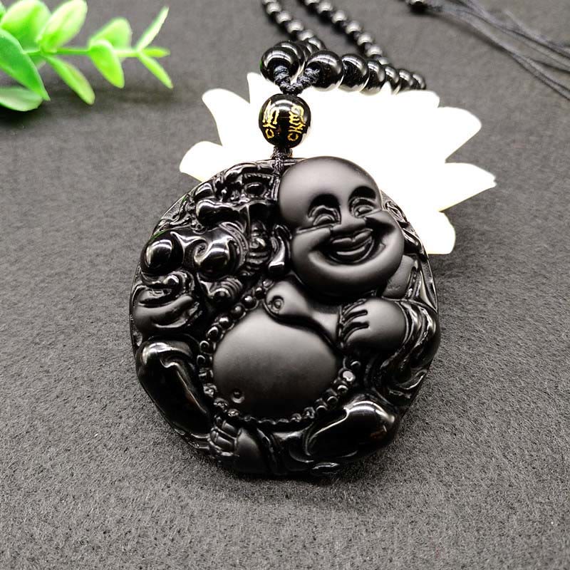 Nimara Ritual Laughing Buddha Pattern Black Obsidian Glass Fulfilment Necklace Pendant
