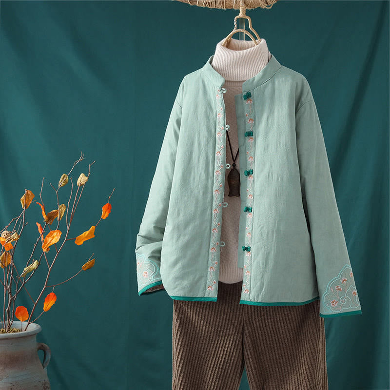 Nimara Ritual Winter Frog-Button Embroidery Flowers Vines Open Front Cotton Long Sleeve Women's Thermal Jacket