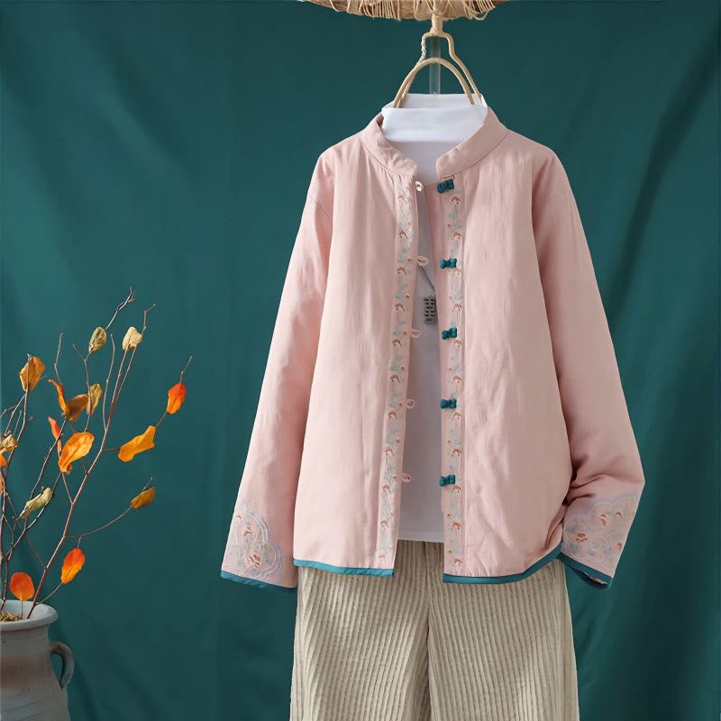 Nimara Ritual Winter Frog-Button Embroidery Flowers Vines Open Front Cotton Long Sleeve Women's Thermal Jacket