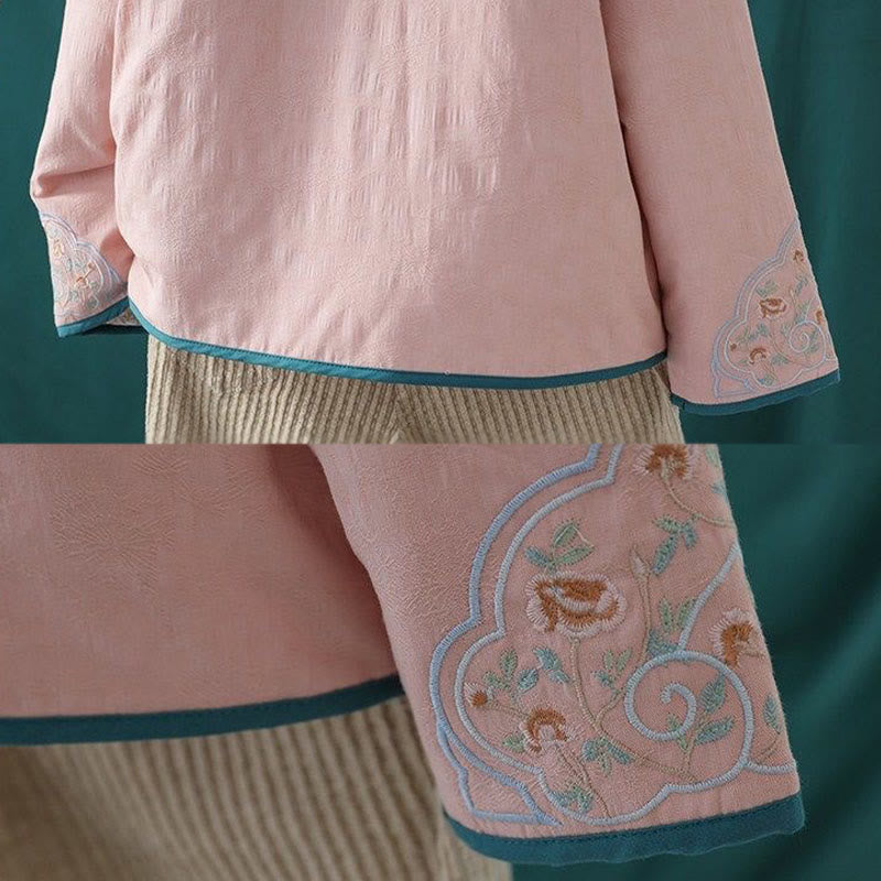 Nimara Ritual Winter Frog-Button Embroidery Flowers Vines Open Front Cotton Long Sleeve Women's Thermal Jacket