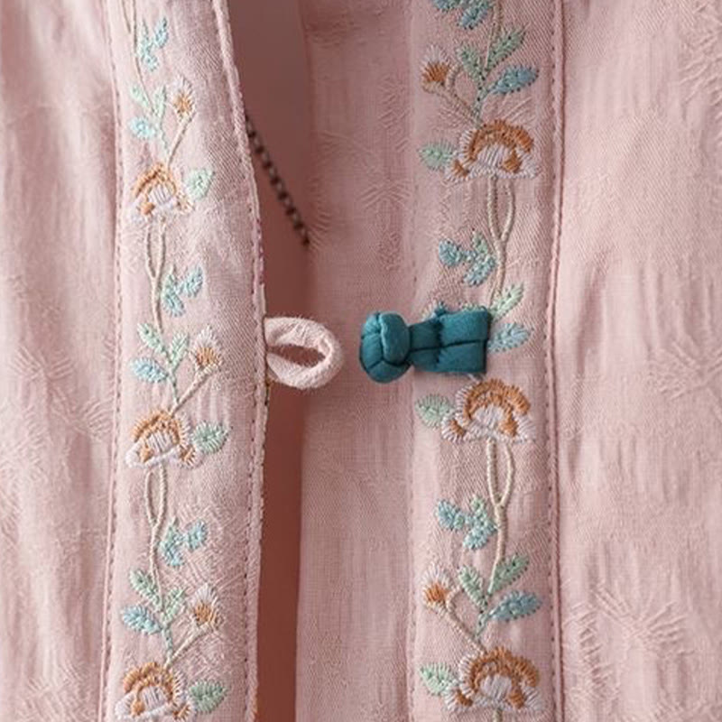 Nimara Ritual Winter Frog-Button Embroidery Flowers Vines Open Front Cotton Long Sleeve Women's Thermal Jacket