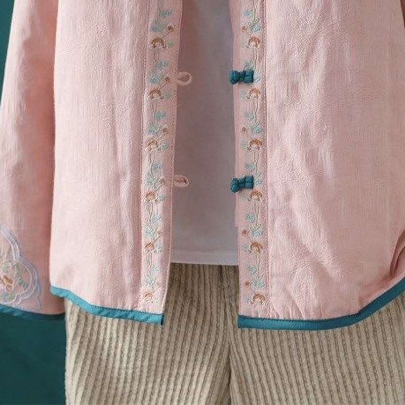 Nimara Ritual Winter Frog-Button Embroidery Flowers Vines Open Front Cotton Long Sleeve Women's Thermal Jacket