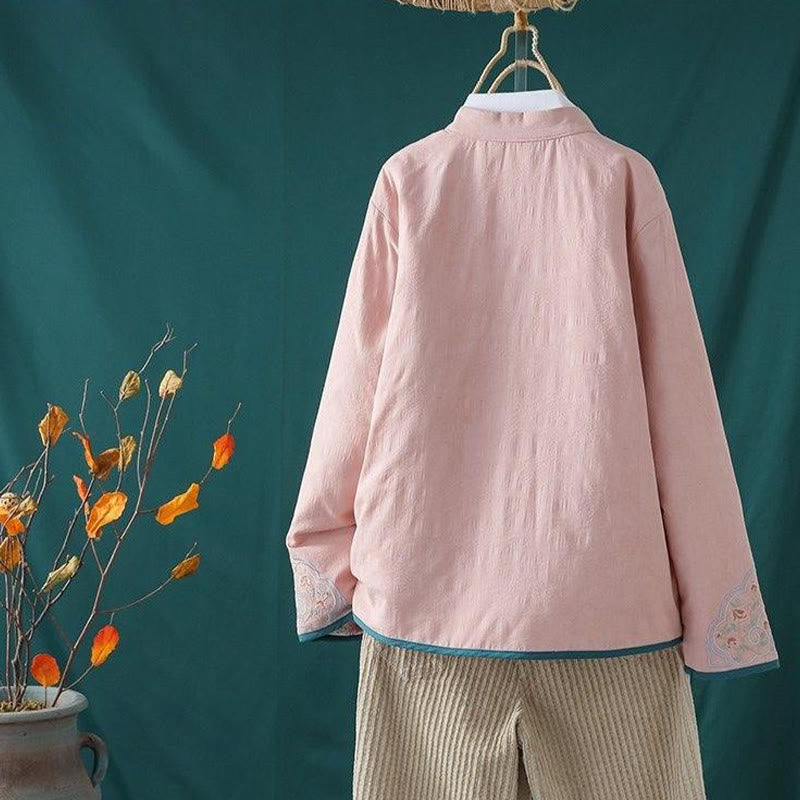 Nimara Ritual Winter Frog-Button Embroidery Flowers Vines Open Front Cotton Long Sleeve Women's Thermal Jacket