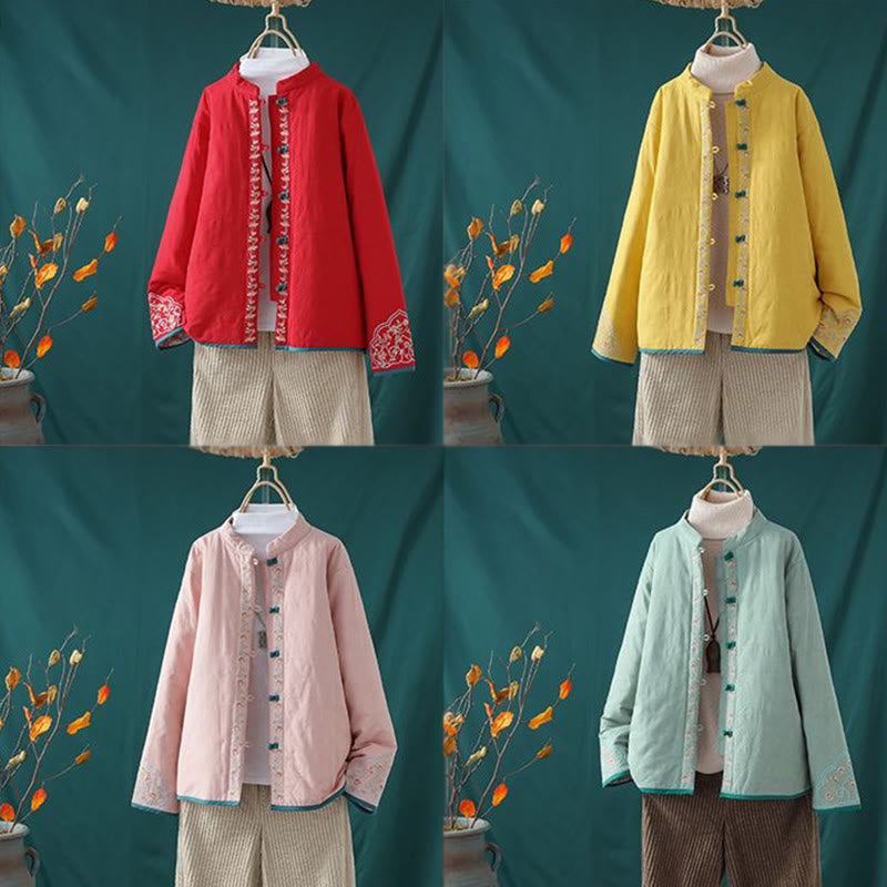 Nimara Ritual Winter Frog-Button Embroidery Flowers Vines Open Front Cotton Long Sleeve Women's Thermal Jacket