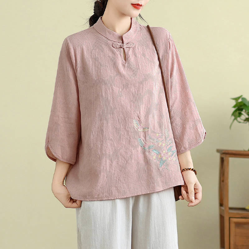 Nimara Ritual Flower Embroidery Three Quarter Sleeve One Frog-Button Mandarin Collar Cotton Women's Shirt
