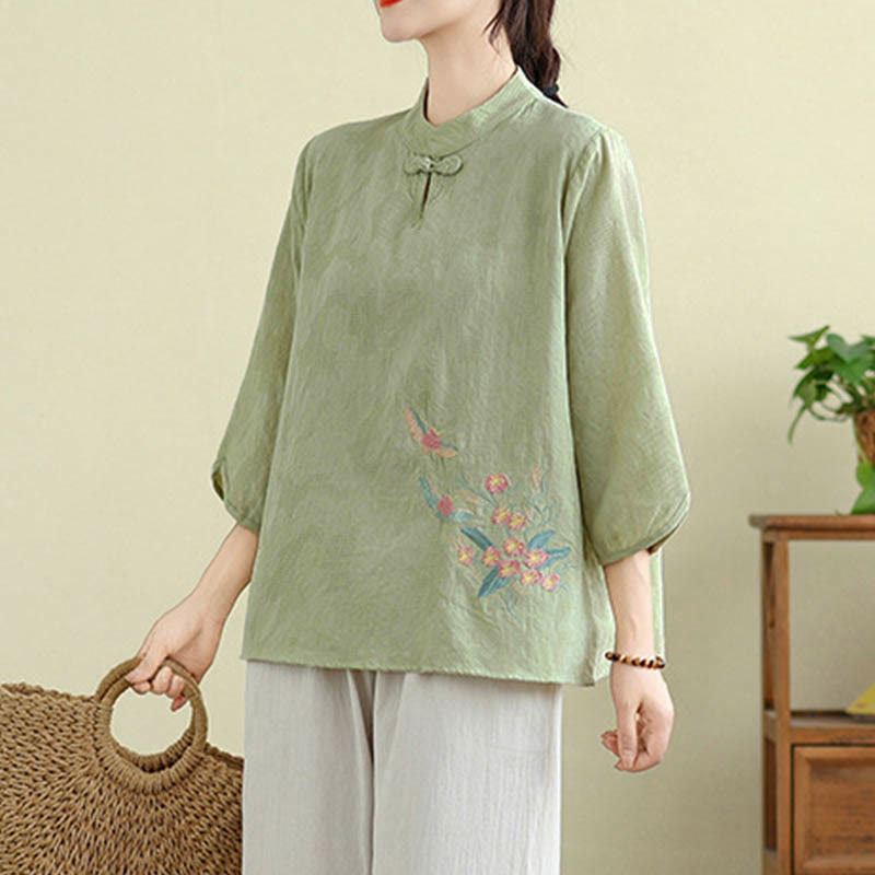 Nimara Ritual Flower Embroidery Three Quarter Sleeve One Frog-Button Mandarin Collar Cotton Women's Shirt