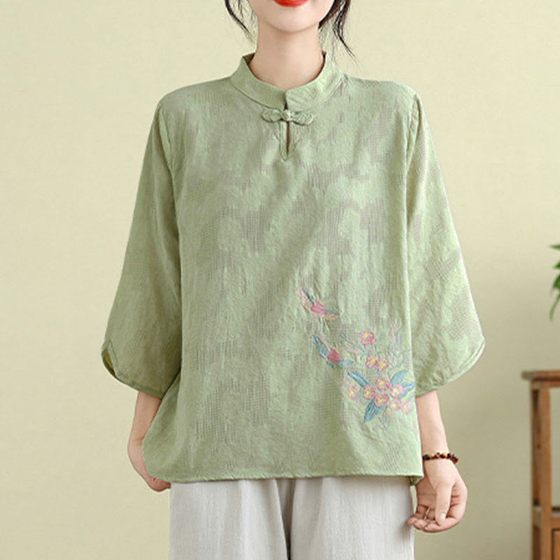 Nimara Ritual Flower Embroidery Three Quarter Sleeve One Frog-Button Mandarin Collar Cotton Women's Shirt