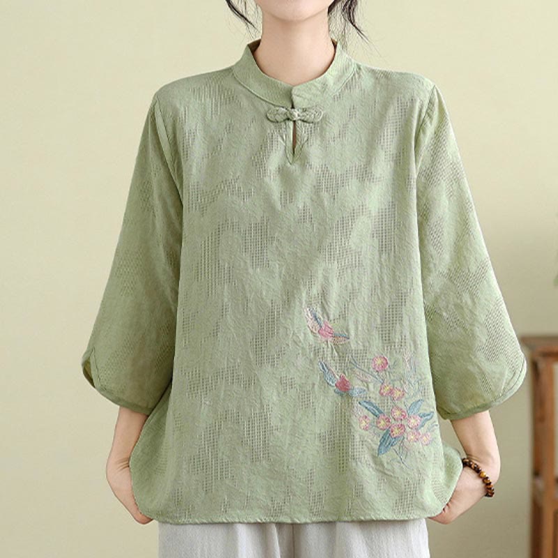 Nimara Ritual Flower Embroidery Three Quarter Sleeve One Frog-Button Mandarin Collar Cotton Women's Shirt
