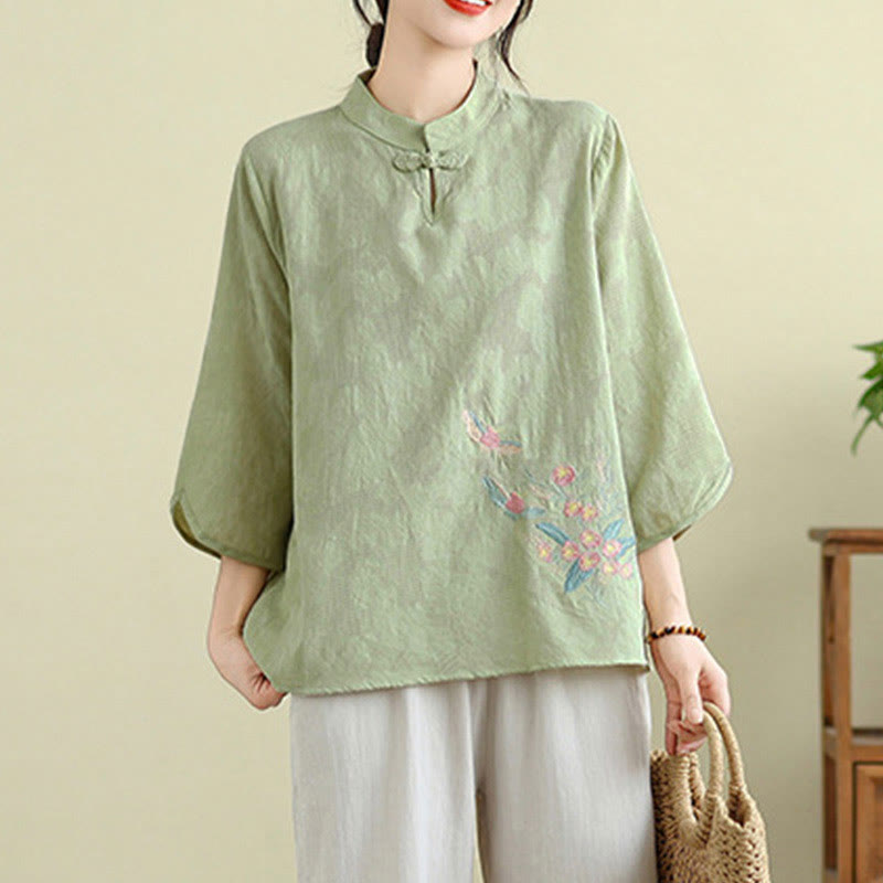 Nimara Ritual Flower Embroidery Three Quarter Sleeve One Frog-Button Mandarin Collar Cotton Women's Shirt