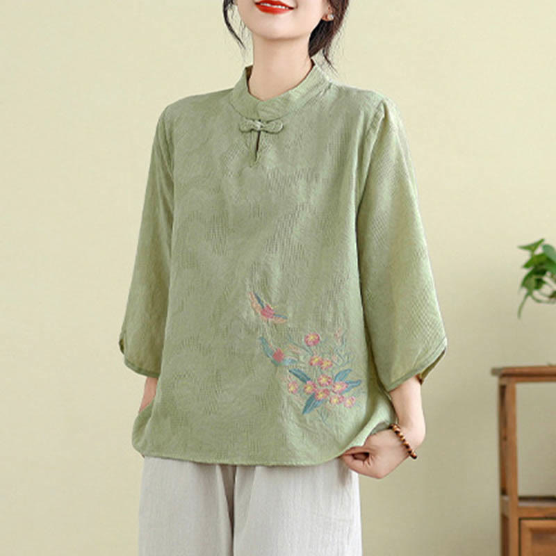 Nimara Ritual Flower Embroidery Three Quarter Sleeve One Frog-Button Mandarin Collar Cotton Women's Shirt