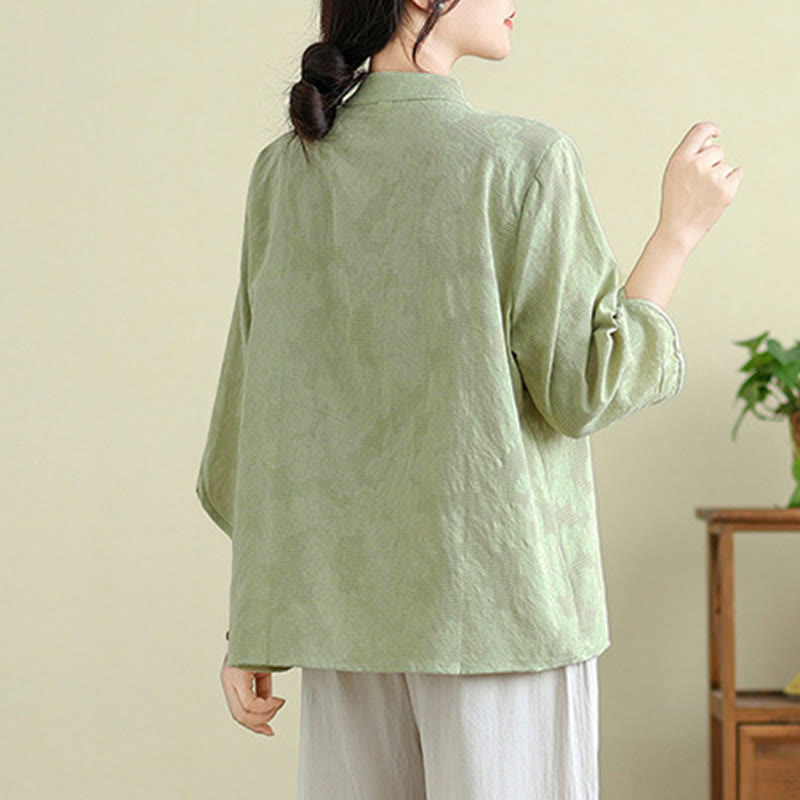 Nimara Ritual Flower Embroidery Three Quarter Sleeve One Frog-Button Mandarin Collar Cotton Women's Shirt