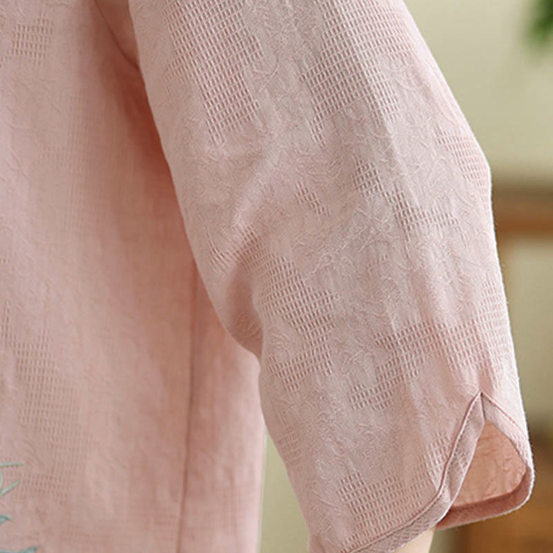 Nimara Ritual Flower Embroidery Three Quarter Sleeve One Frog-Button Mandarin Collar Cotton Women's Shirt