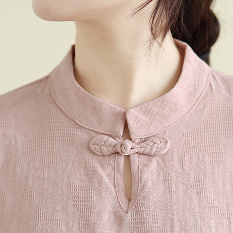 Nimara Ritual Flower Embroidery Three Quarter Sleeve One Frog-Button Mandarin Collar Cotton Women's Shirt