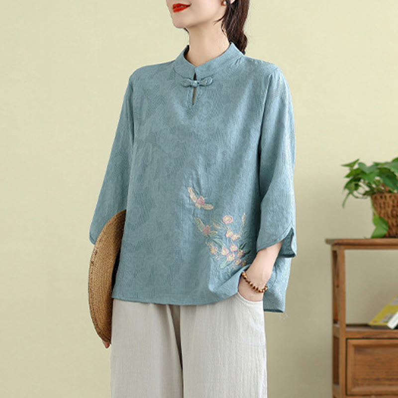 Nimara Ritual Flower Embroidery Three Quarter Sleeve One Frog-Button Mandarin Collar Cotton Women's Shirt