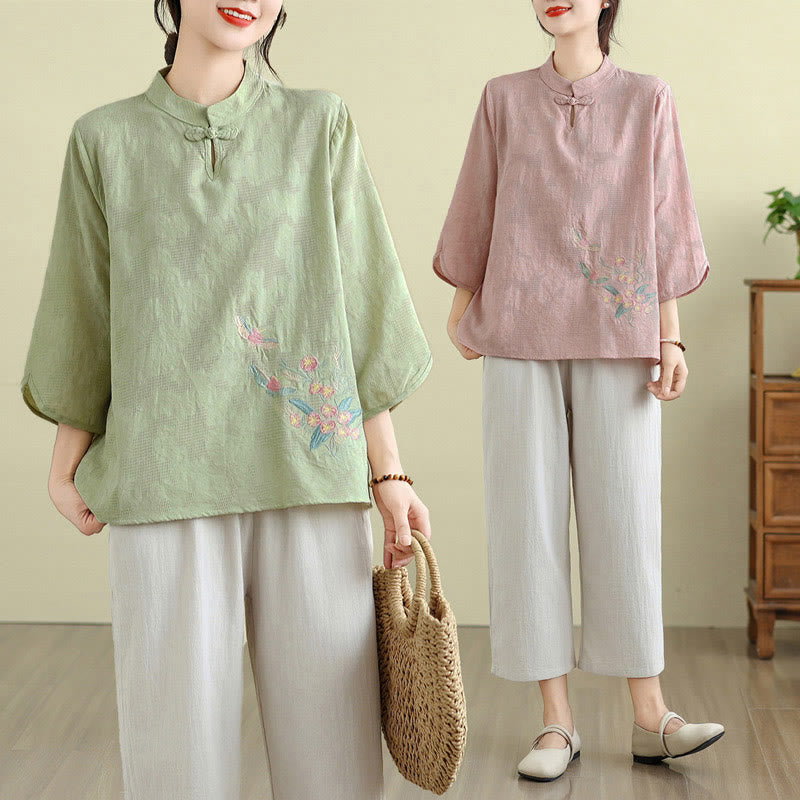 Nimara Ritual Flower Embroidery Three Quarter Sleeve One Frog-Button Mandarin Collar Cotton Women's Shirt