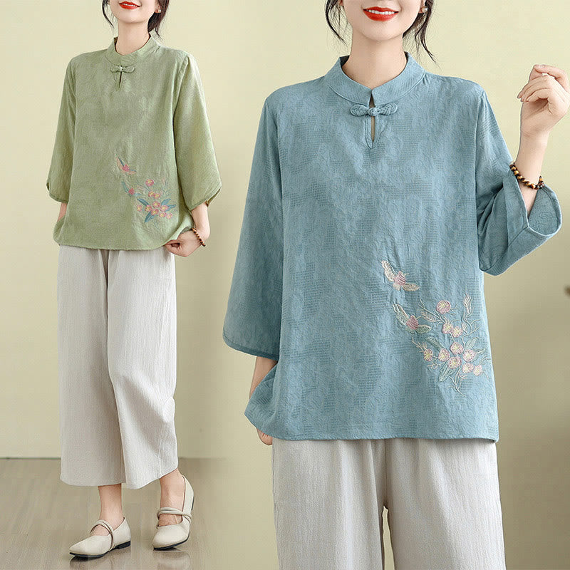 Nimara Ritual Flower Embroidery Three Quarter Sleeve One Frog-Button Mandarin Collar Cotton Women's Shirt