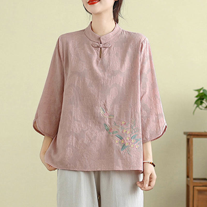 Nimara Ritual Flower Embroidery Three Quarter Sleeve One Frog-Button Mandarin Collar Cotton Women's Shirt