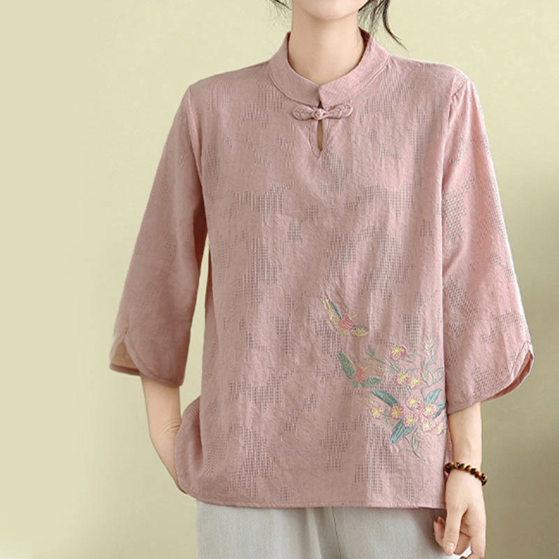 Nimara Ritual Flower Embroidery Three Quarter Sleeve One Frog-Button Mandarin Collar Cotton Women's Shirt