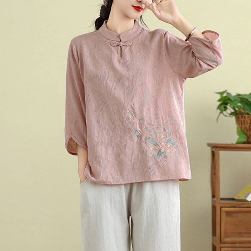 Nimara Ritual Flower Embroidery Three Quarter Sleeve One Frog-Button Mandarin Collar Cotton Women's Shirt