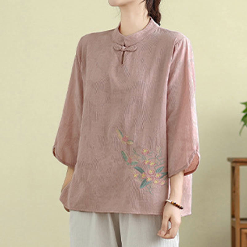 Nimara Ritual Flower Embroidery Three Quarter Sleeve One Frog-Button Mandarin Collar Cotton Women's Shirt