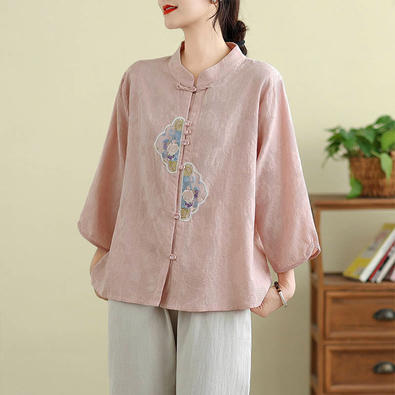 Nimara Ritual Flower Embroidery Jacquard Three Quarter Sleeve Frog-Button Cotton Women's Shirt