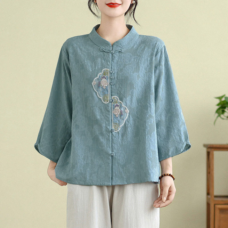 Nimara Ritual Flower Embroidery Jacquard Three Quarter Sleeve Frog-Button Cotton Women's Shirt