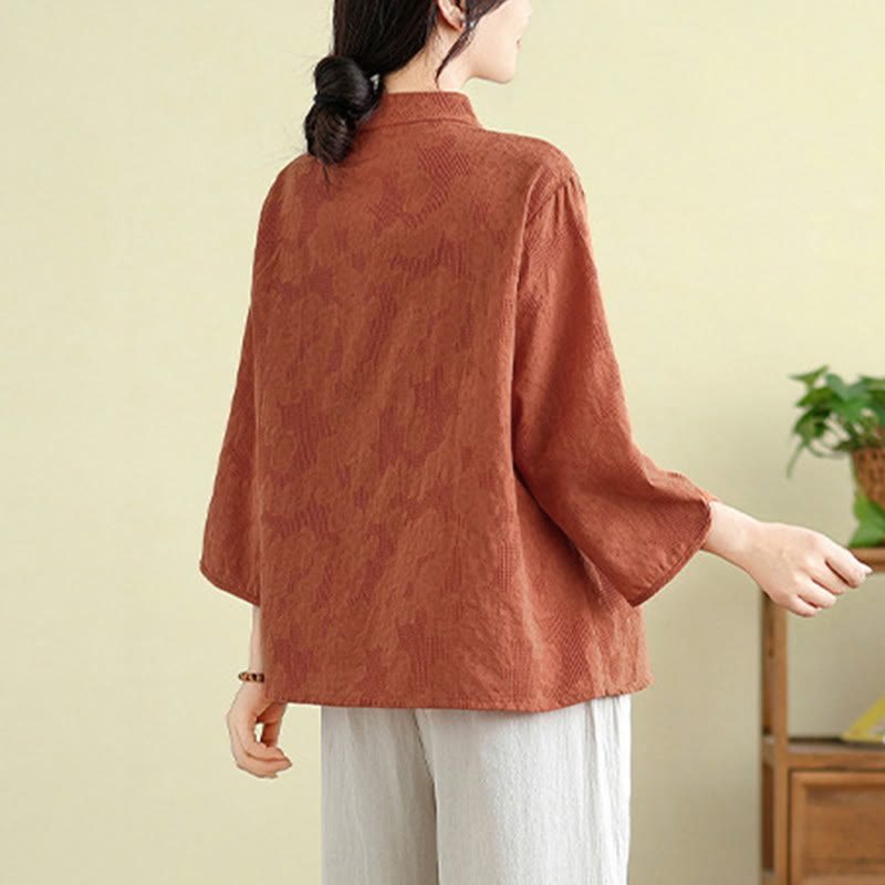 Nimara Ritual Flower Embroidery Jacquard Three Quarter Sleeve Frog-Button Cotton Women's Shirt