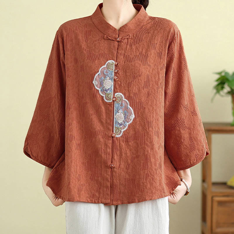 Nimara Ritual Flower Embroidery Jacquard Three Quarter Sleeve Frog-Button Cotton Women's Shirt