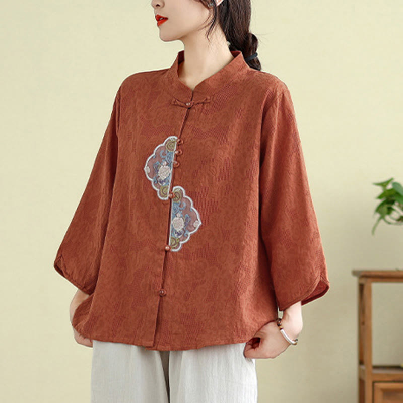 Nimara Ritual Flower Embroidery Jacquard Three Quarter Sleeve Frog-Button Cotton Women's Shirt