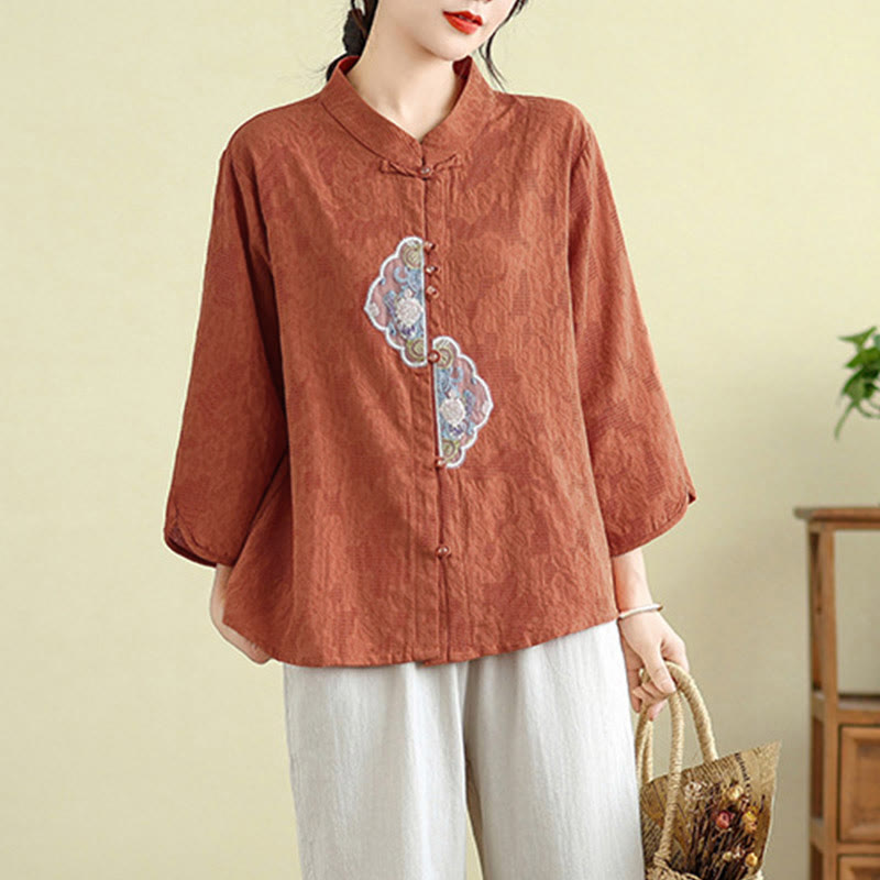 Nimara Ritual Flower Embroidery Jacquard Three Quarter Sleeve Frog-Button Cotton Women's Shirt