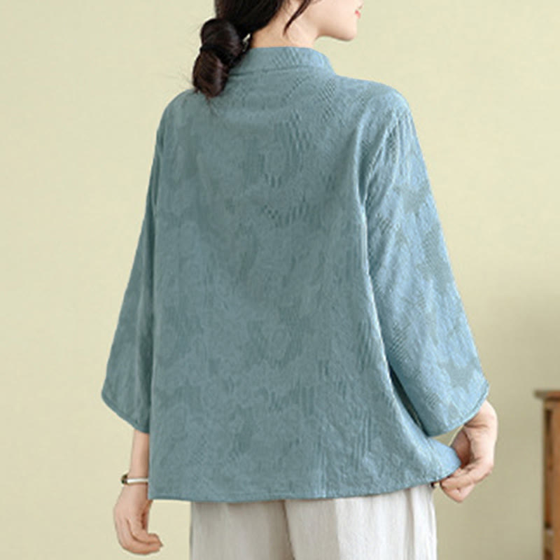 Nimara Ritual Flower Embroidery Jacquard Three Quarter Sleeve Frog-Button Cotton Women's Shirt