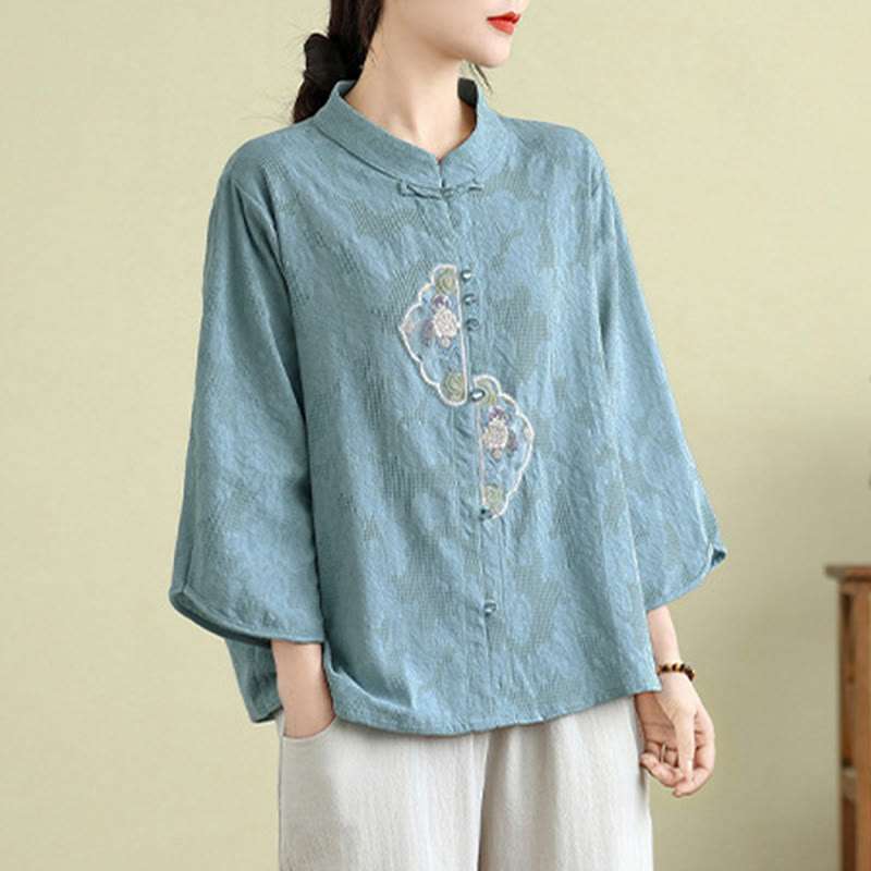 Nimara Ritual Flower Embroidery Jacquard Three Quarter Sleeve Frog-Button Cotton Women's Shirt