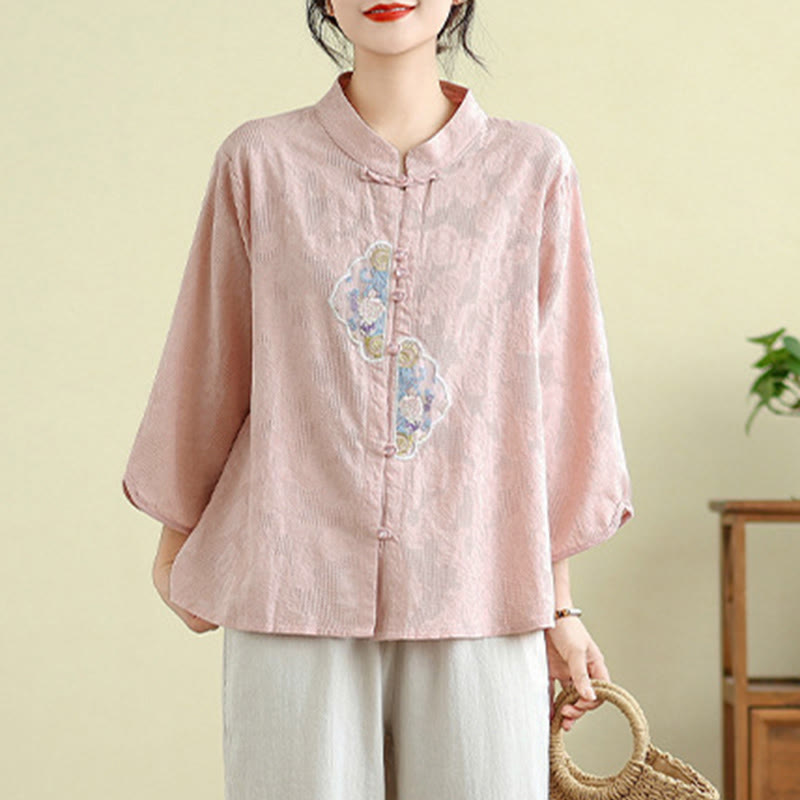Nimara Ritual Flower Embroidery Jacquard Three Quarter Sleeve Frog-Button Cotton Women's Shirt