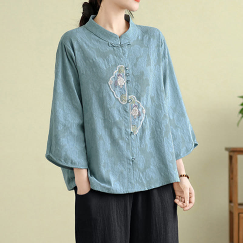 Nimara Ritual Flower Embroidery Jacquard Three Quarter Sleeve Frog-Button Cotton Women's Shirt