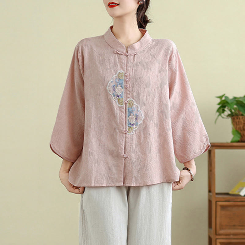 Nimara Ritual Flower Embroidery Jacquard Three Quarter Sleeve Frog-Button Cotton Women's Shirt