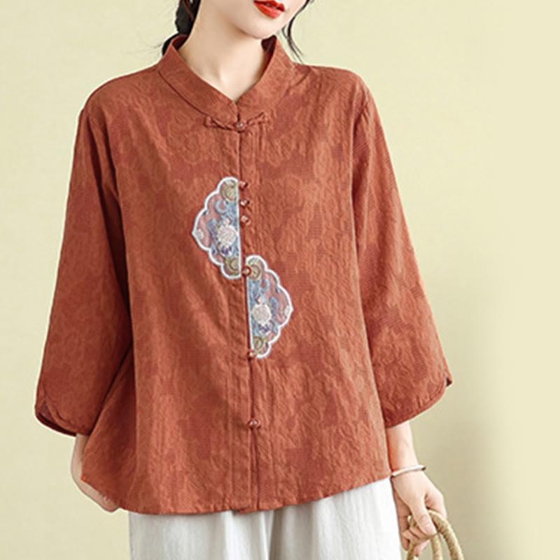 Nimara Ritual Flower Embroidery Jacquard Three Quarter Sleeve Frog-Button Cotton Women's Shirt