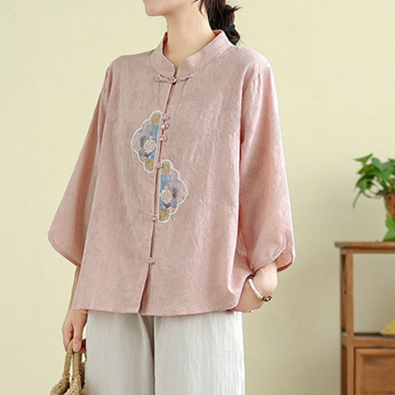Nimara Ritual Flower Embroidery Jacquard Three Quarter Sleeve Frog-Button Cotton Women's Shirt