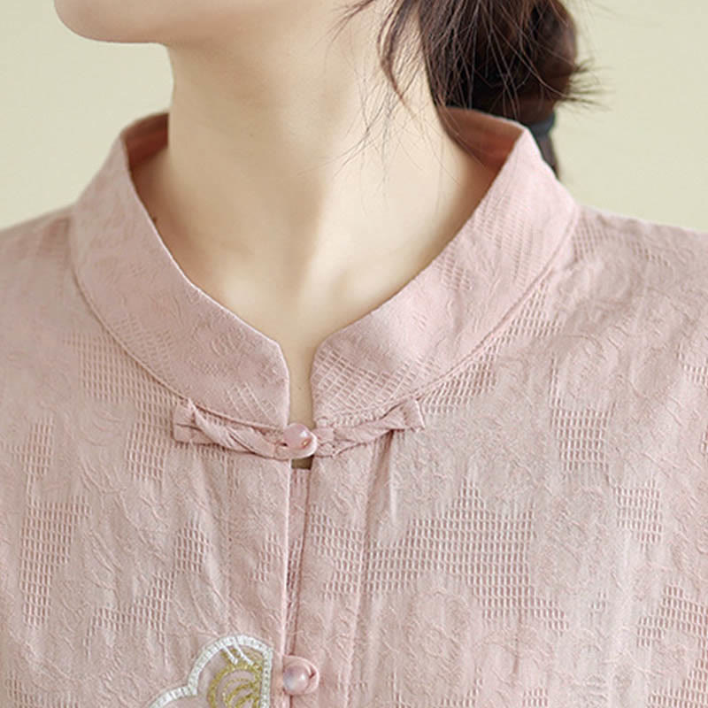 Nimara Ritual Flower Embroidery Jacquard Three Quarter Sleeve Frog-Button Cotton Women's Shirt