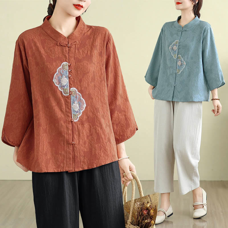 Nimara Ritual Flower Embroidery Jacquard Three Quarter Sleeve Frog-Button Cotton Women's Shirt