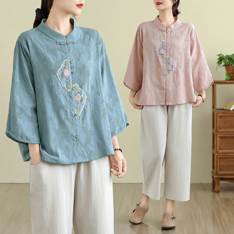 Nimara Ritual Flower Embroidery Jacquard Three Quarter Sleeve Frog-Button Cotton Women's Shirt