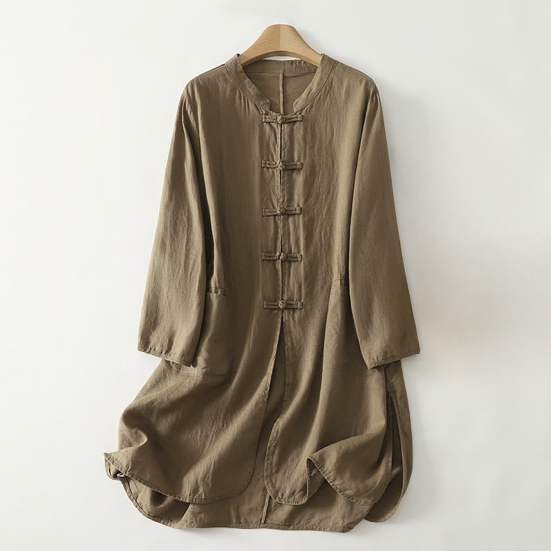 Nimara Ritual Fall Solid Color Frog-Button Stand Collar Three Quarter Sleeve Mid-length Women's Cotton Shirt