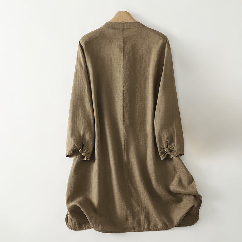Nimara Ritual Fall Solid Color Frog-Button Stand Collar Three Quarter Sleeve Mid-length Women's Cotton Shirt