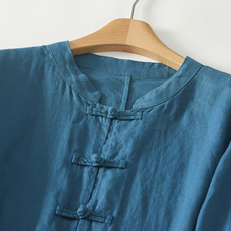 Nimara Ritual Fall Solid Color Frog-Button Stand Collar Three Quarter Sleeve Mid-length Women's Cotton Shirt
