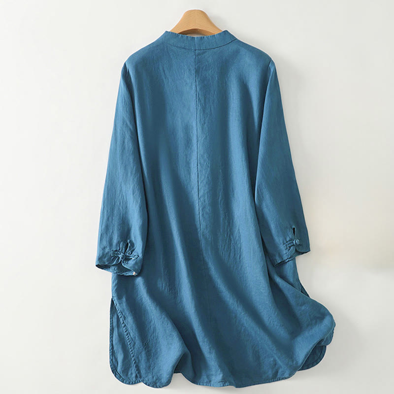 Nimara Ritual Fall Solid Color Frog-Button Stand Collar Three Quarter Sleeve Mid-length Women's Cotton Shirt
