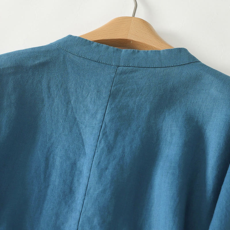 Nimara Ritual Fall Solid Color Frog-Button Stand Collar Three Quarter Sleeve Mid-length Women's Cotton Shirt