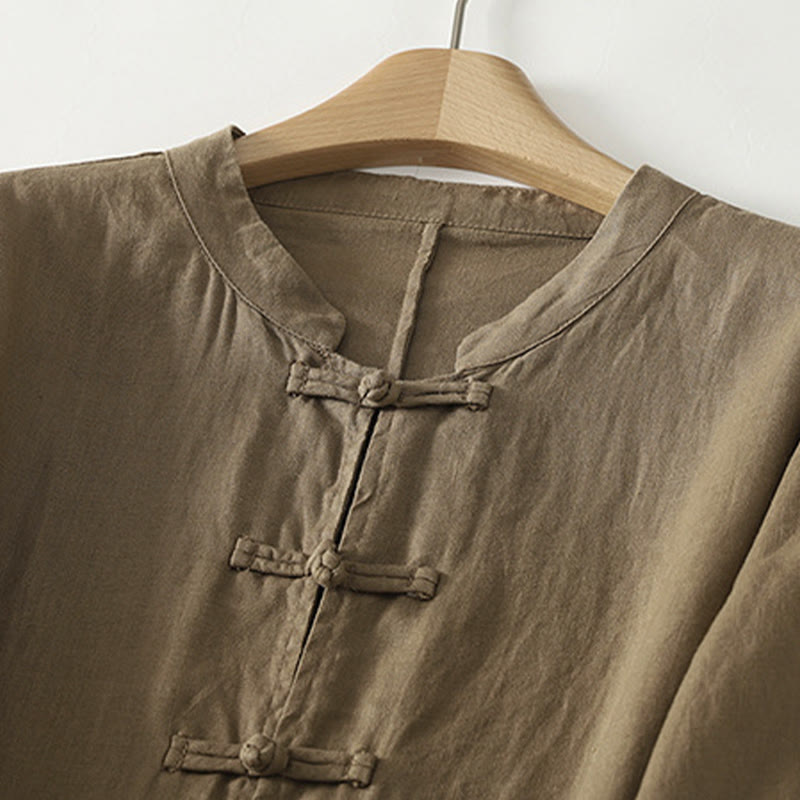Nimara Ritual Fall Solid Color Frog-Button Stand Collar Three Quarter Sleeve Mid-length Women's Cotton Shirt