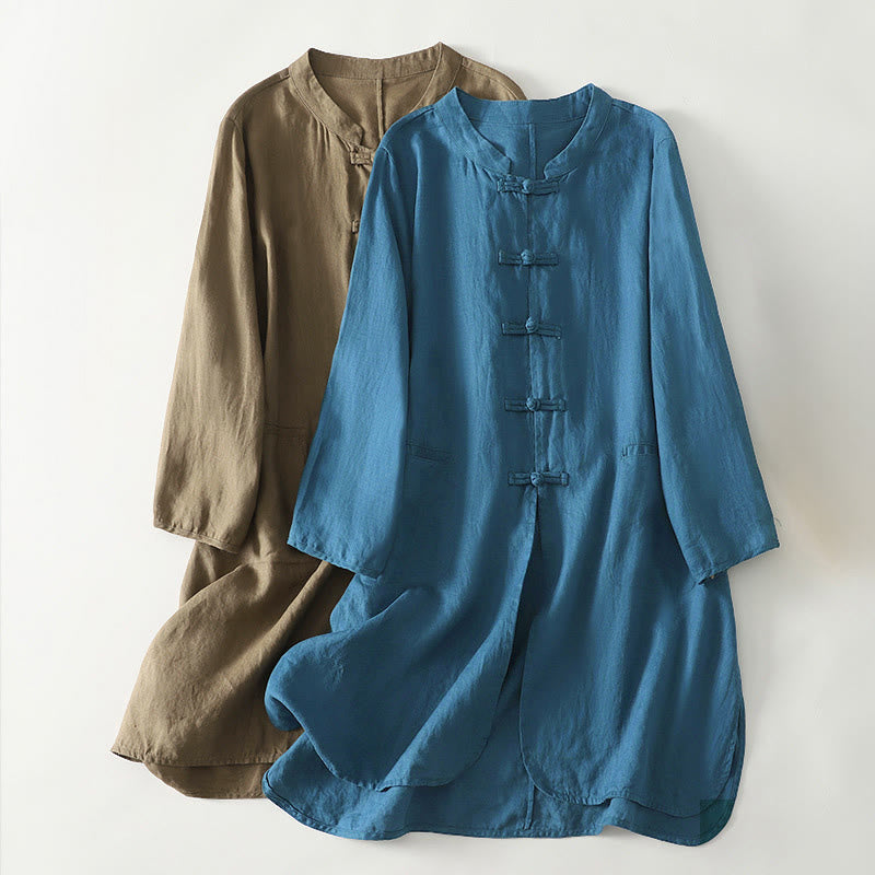 Nimara Ritual Fall Solid Color Frog-Button Stand Collar Three Quarter Sleeve Mid-length Women's Cotton Shirt