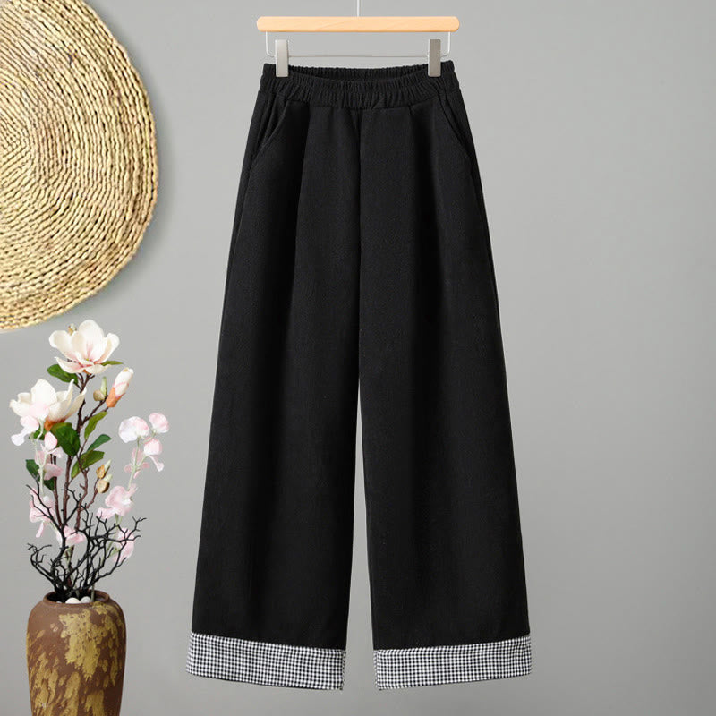 Nimara Ritual Plain Elastic Waist Patchwork Plaid Women's Ankle-Length Wide Leg Corduroy Pants