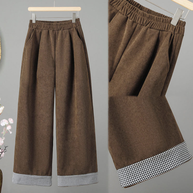 Nimara Ritual Plain Elastic Waist Patchwork Plaid Women's Ankle-Length Wide Leg Corduroy Pants